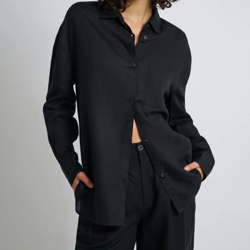NWT Onia Black Linen Boyfriend Shirt Size M